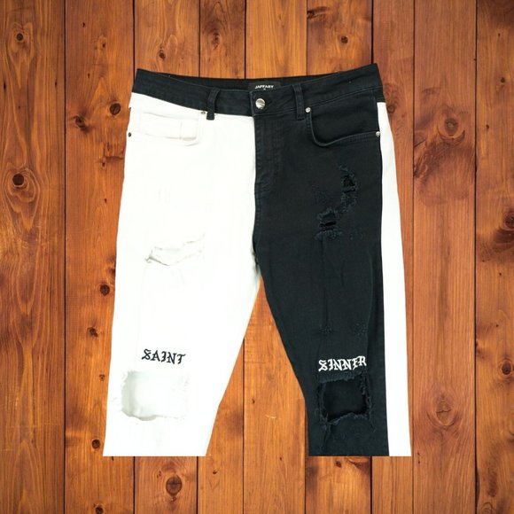 Jaffary Studio Saint Sinner Black/White Denim Jeans Sz 32 Colorblock Zip‎ Bottom - Picture 3 of 6